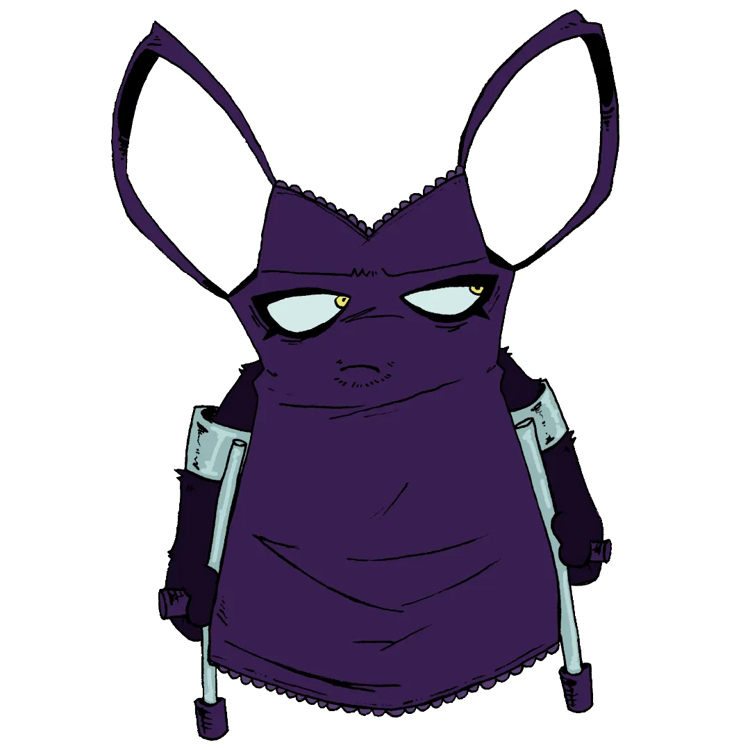 Tank Top, a black, lacy, spaghetti-strapped women's top. He has no legs and uses crutches to walk. He has black arms and stubble on his face. His paw pads are black and his eyes are yellow.